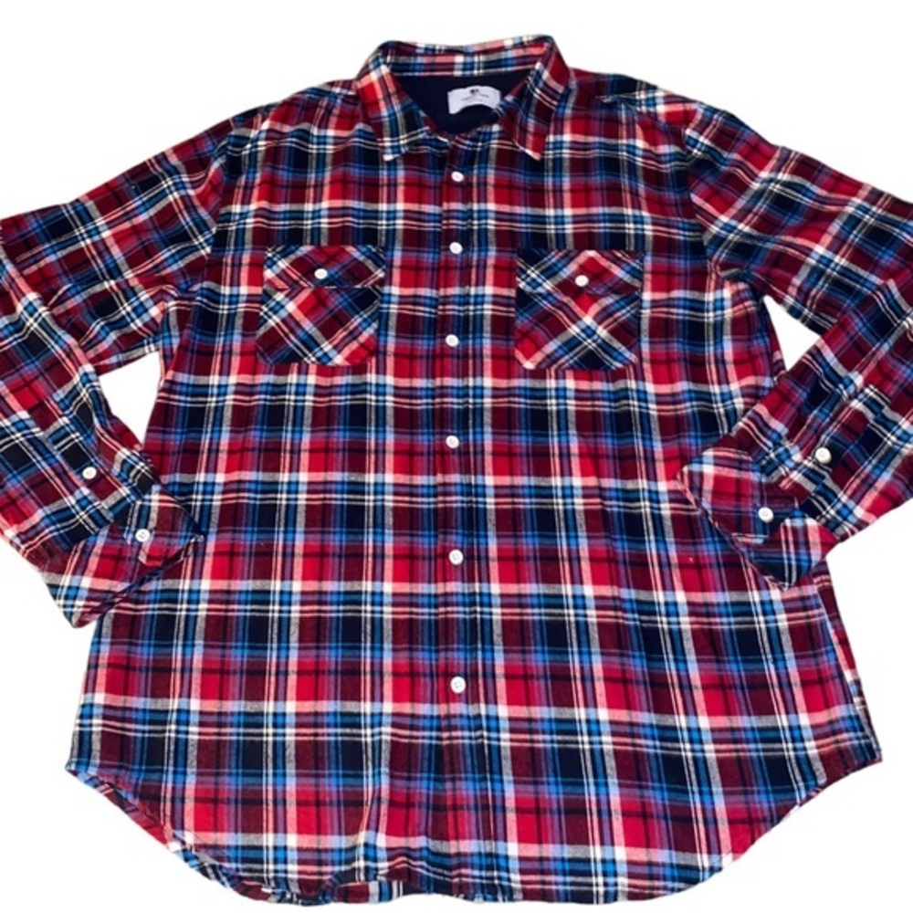 STANDARD ISSUE NYC Men’s Red Blue White Plaid Cotton Flannel Button Down Shirt